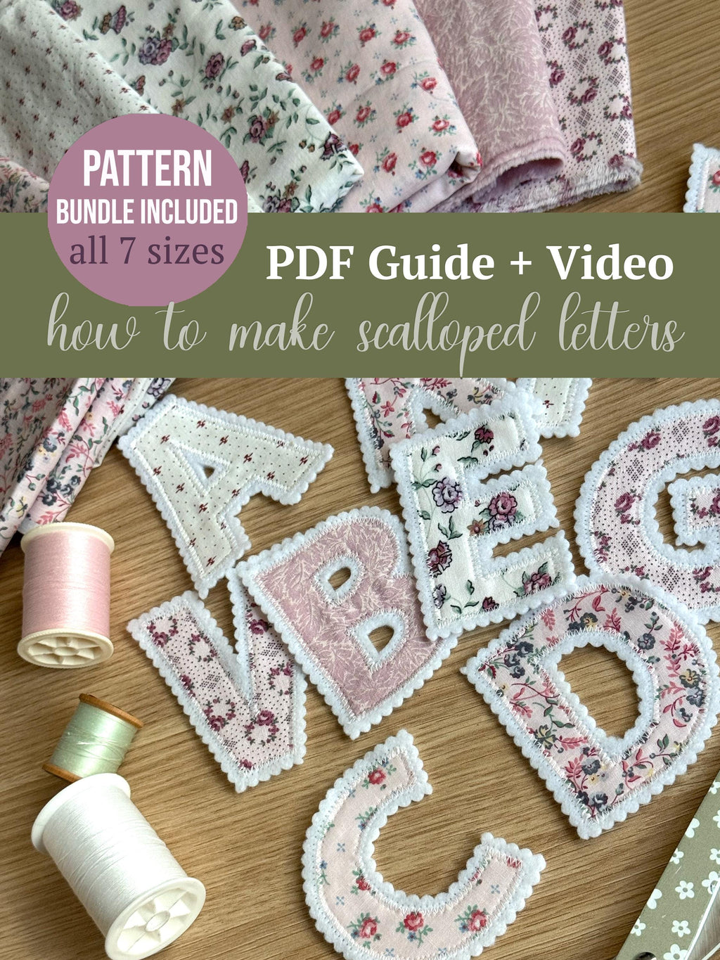 Fabric Scalloped Letters Pattern, White Border Alphabet, Numbers, Symbols (3-9" Templates), letter stencil, fabric name banner