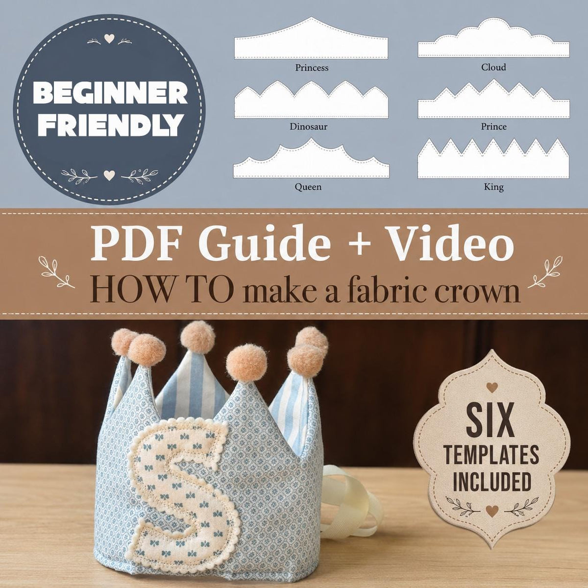 Fabric Crown Pattern, Make a Reversible Fabric Crown, 6 Templates PDF, Dress Up Costume Templates, Toddler royal party hat, birthday crown